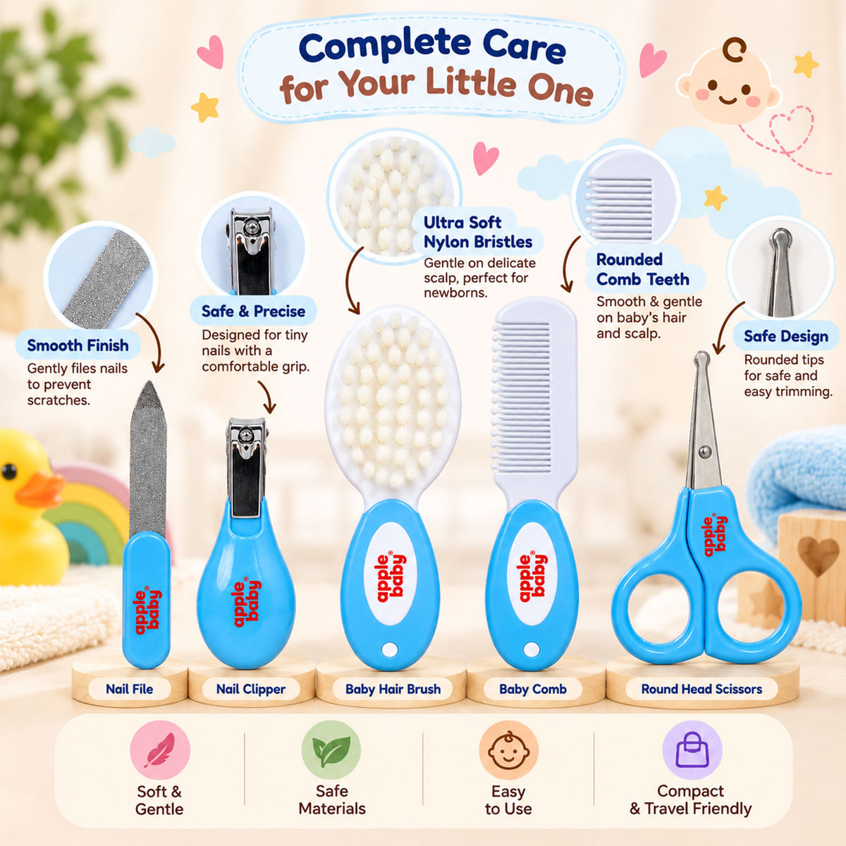 Apple Baby 5-in-1 Baby Grooming Kit for Newborns & Infants | Baby Hair Brush, Comb, Nail Clipper, Nail Scissors & Nail File AC491