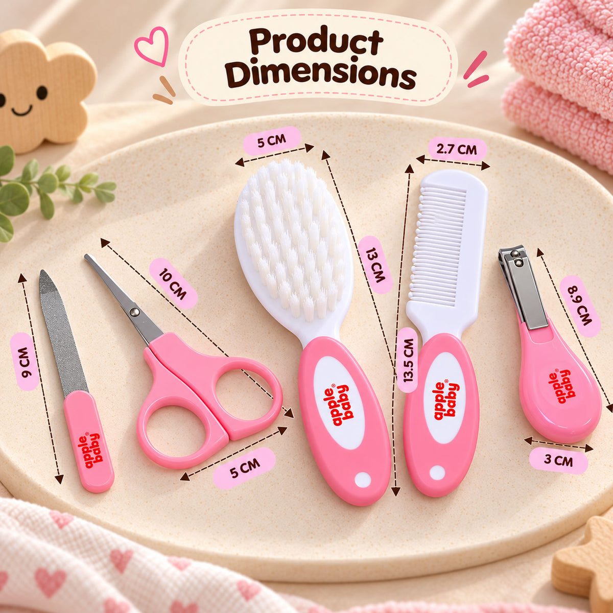 Apple Baby 5-in-1 Baby Grooming Kit for Newborns & Infants | Baby Hair Brush, Comb, Nail Clipper, Nail Scissors & Nail File AC491