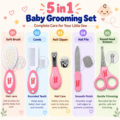 Apple Baby 5-in-1 Baby Grooming Kit for Newborns & Infants | Baby Hair Brush, Comb, Nail Clipper, Nail Scissors & Nail File AC491
