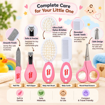Apple Baby 5-in-1 Baby Grooming Kit for Newborns & Infants | Baby Hair Brush, Comb, Nail Clipper, Nail Scissors & Nail File AC491