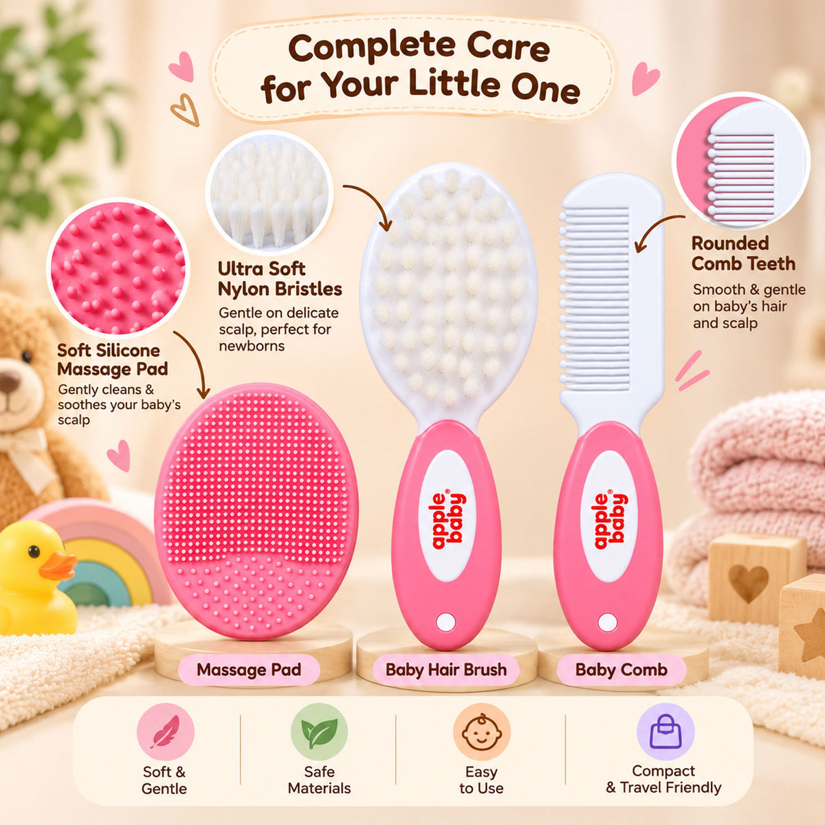 Apple Baby Grooming Brush, Hair Comb & Massage Pad Set AC492