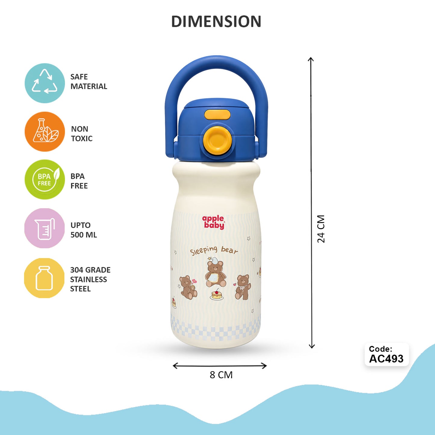 Apple Baby 2-in-1 Stainless Steel Sipper Bottle 500ml with Straw & Flip-Top Lid | Leak-Proof BPA-Free Sippy for Toddlers & Kids | 304 Stainless Steel, One-Touch Open, Carry Handle AC493