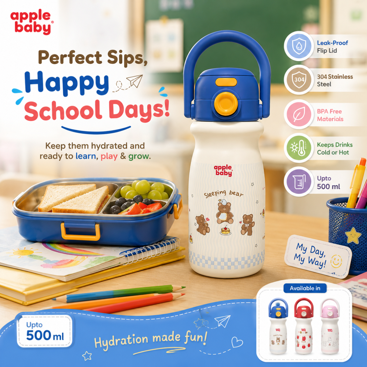 Apple Baby 2-in-1 Stainless Steel Sipper Bottle 500ml with Straw & Flip-Top Lid | Leak-Proof BPA-Free Sippy for Toddlers & Kids | 304 Stainless Steel, One-Touch Open, Carry Handle AC493
