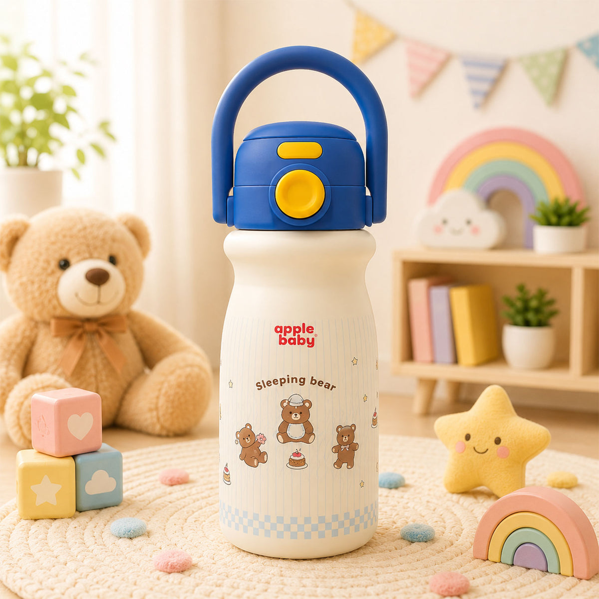 Apple Baby 2-in-1 Stainless Steel Sipper Bottle 500ml with Straw & Flip-Top Lid | Leak-Proof BPA-Free Sippy for Toddlers & Kids | 304 Stainless Steel, One-Touch Open, Carry Handle AC493