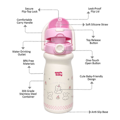Apple Baby 2-in-1 Stainless Steel Sipper Bottle 500ml with Straw & Flip-Top Lid | Leak-Proof BPA-Free Sippy for Toddlers & Kids | 304 Stainless Steel, One-Touch Open, Carry Handle AC493