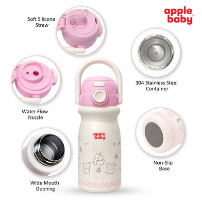 Apple Baby 2-in-1 Stainless Steel Sipper Bottle 500ml with Straw & Flip-Top Lid | Leak-Proof BPA-Free Sippy for Toddlers & Kids | 304 Stainless Steel, One-Touch Open, Carry Handle AC493