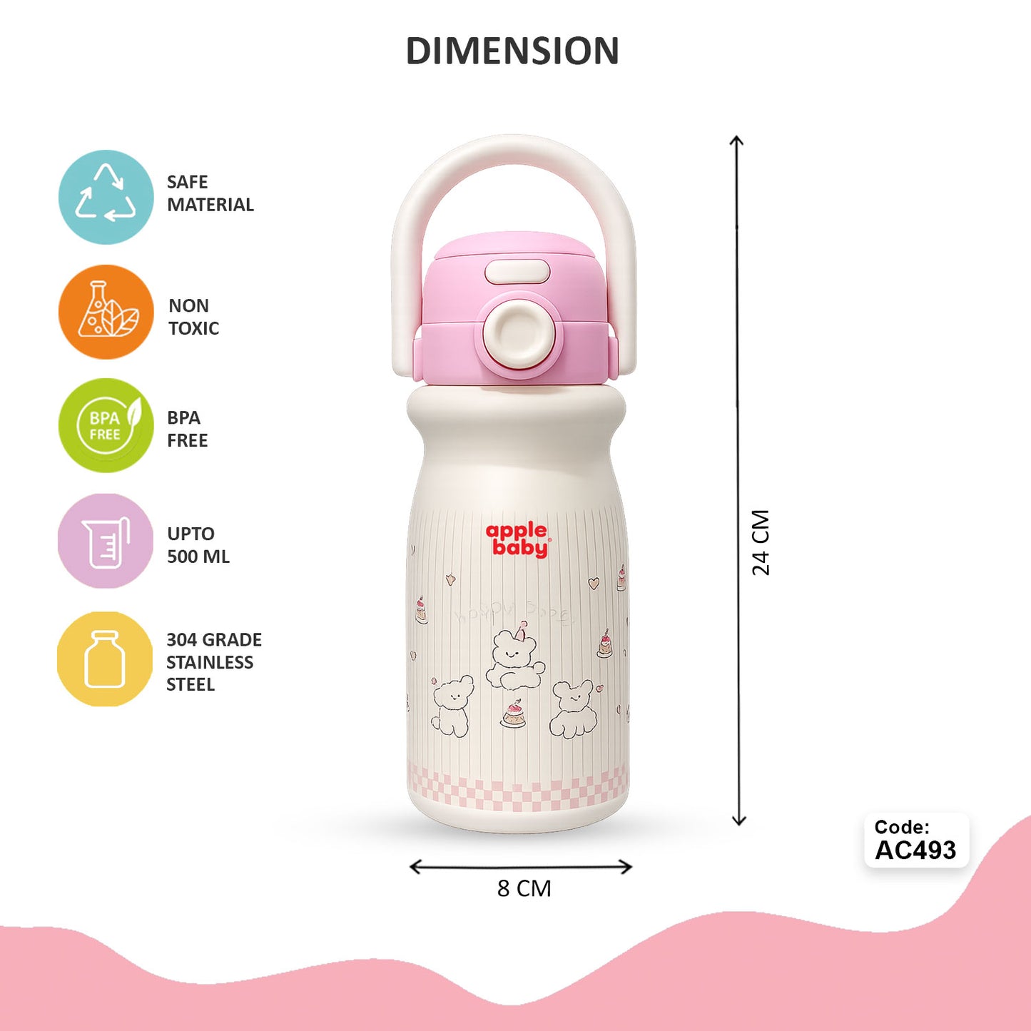 Apple Baby 2-in-1 Stainless Steel Sipper Bottle 500ml with Straw & Flip-Top Lid | Leak-Proof BPA-Free Sippy for Toddlers & Kids | 304 Stainless Steel, One-Touch Open, Carry Handle AC493