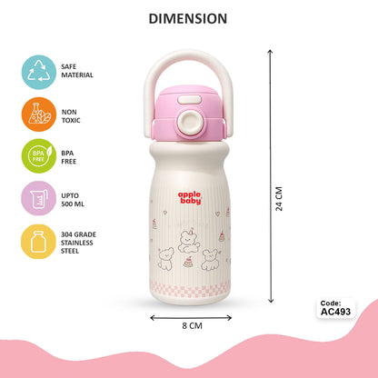 Apple Baby 2-in-1 Stainless Steel Sipper Bottle 500ml with Straw & Flip-Top Lid | Leak-Proof BPA-Free Sippy for Toddlers & Kids | 304 Stainless Steel, One-Touch Open, Carry Handle AC493