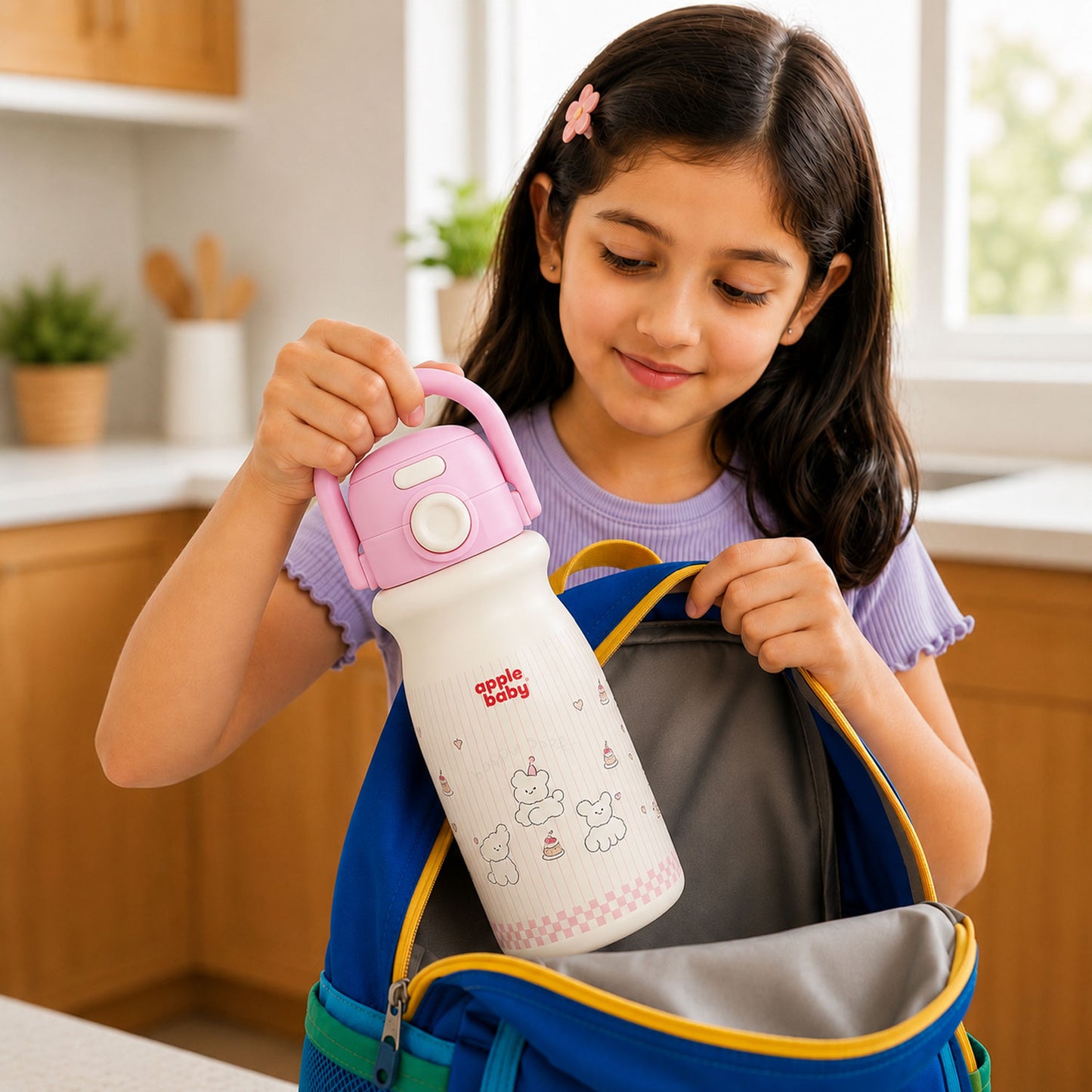 Apple Baby 2-in-1 Stainless Steel Sipper Bottle 500ml with Straw & Flip-Top Lid | Leak-Proof BPA-Free Sippy for Toddlers & Kids | 304 Stainless Steel, One-Touch Open, Carry Handle AC493