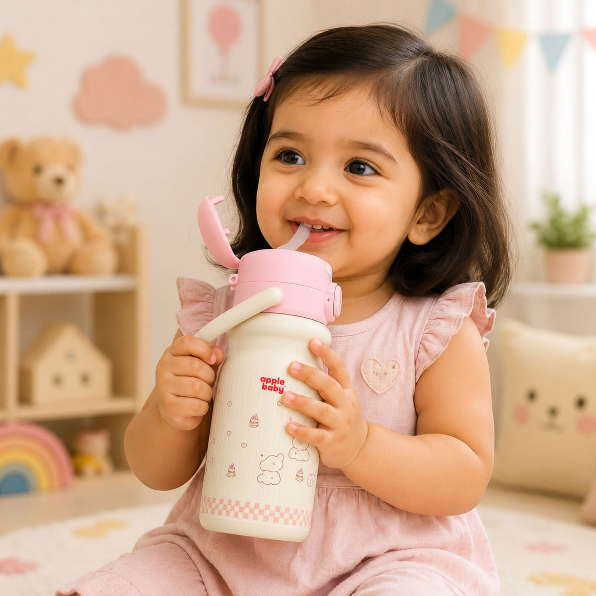 Apple Baby 2-in-1 Stainless Steel Sipper Bottle 500ml with Straw & Flip-Top Lid | Leak-Proof BPA-Free Sippy for Toddlers & Kids | 304 Stainless Steel, One-Touch Open, Carry Handle AC493