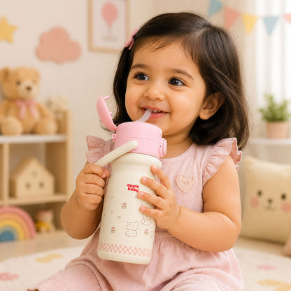 Apple Baby 2-in-1 Stainless Steel Sipper Bottle 500ml with Straw & Flip-Top Lid | Leak-Proof BPA-Free Sippy for Toddlers & Kids | 304 Stainless Steel, One-Touch Open, Carry Handle AC493