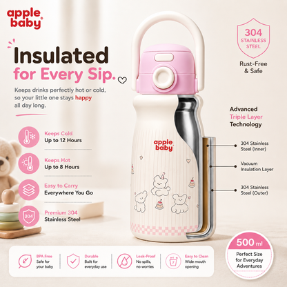 Apple Baby 2-in-1 Stainless Steel Sipper Bottle 500ml with Straw & Flip-Top Lid | Leak-Proof BPA-Free Sippy for Toddlers & Kids | 304 Stainless Steel, One-Touch Open, Carry Handle AC493