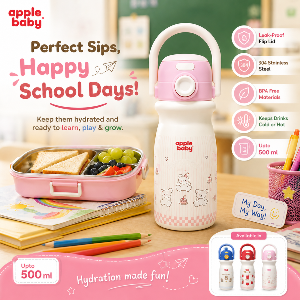 Apple Baby 2-in-1 Stainless Steel Sipper Bottle 500ml with Straw & Flip-Top Lid | Leak-Proof BPA-Free Sippy for Toddlers & Kids | 304 Stainless Steel, One-Touch Open, Carry Handle AC493