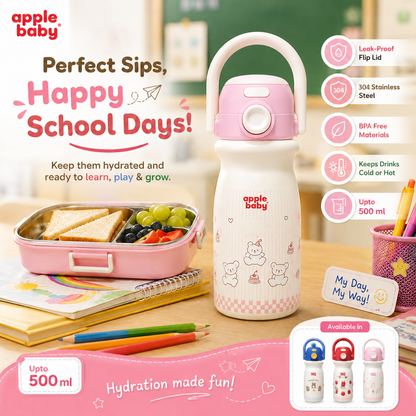Apple Baby 2-in-1 Stainless Steel Sipper Bottle 500ml with Straw & Flip-Top Lid | Leak-Proof BPA-Free Sippy for Toddlers & Kids | 304 Stainless Steel, One-Touch Open, Carry Handle AC493