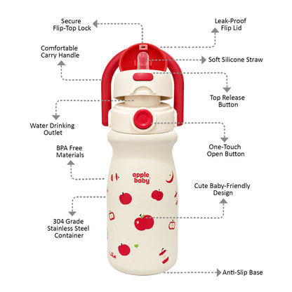 Apple Baby 2-in-1 Stainless Steel Sipper Bottle 500ml with Straw & Flip-Top Lid | Leak-Proof BPA-Free Sippy for Toddlers & Kids | 304 Stainless Steel, One-Touch Open, Carry Handle AC493