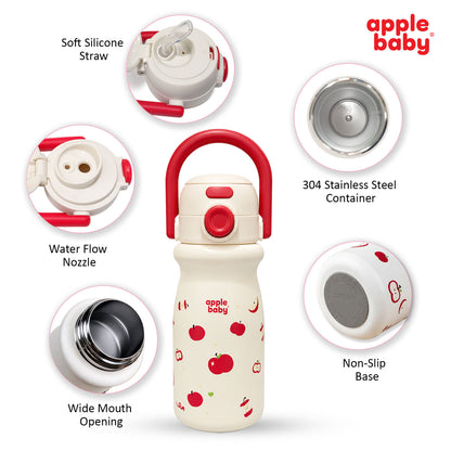 Apple Baby 2-in-1 Stainless Steel Sipper Bottle 500ml with Straw & Flip-Top Lid | Leak-Proof BPA-Free Sippy for Toddlers & Kids | 304 Stainless Steel, One-Touch Open, Carry Handle AC493
