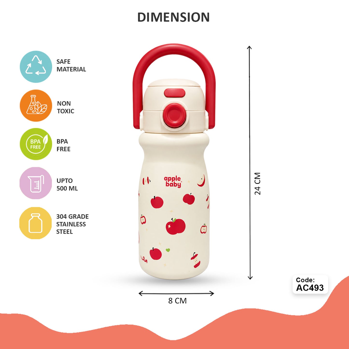 Apple Baby 2-in-1 Stainless Steel Sipper Bottle 500ml with Straw & Flip-Top Lid | Leak-Proof BPA-Free Sippy for Toddlers & Kids | 304 Stainless Steel, One-Touch Open, Carry Handle AC493