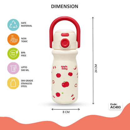 Apple Baby 2-in-1 Stainless Steel Sipper Bottle 500ml with Straw & Flip-Top Lid | Leak-Proof BPA-Free Sippy for Toddlers & Kids | 304 Stainless Steel, One-Touch Open, Carry Handle AC493