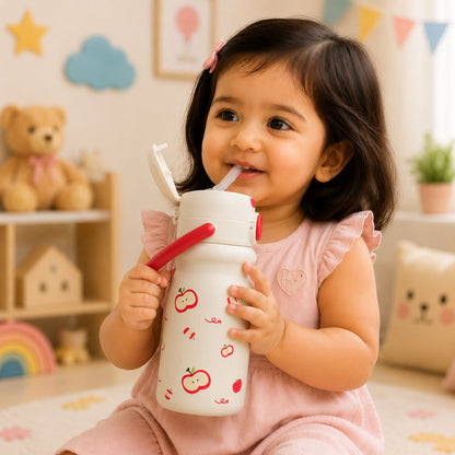 Apple Baby 2-in-1 Stainless Steel Sipper Bottle 500ml with Straw & Flip-Top Lid | Leak-Proof BPA-Free Sippy for Toddlers & Kids | 304 Stainless Steel, One-Touch Open, Carry Handle AC493