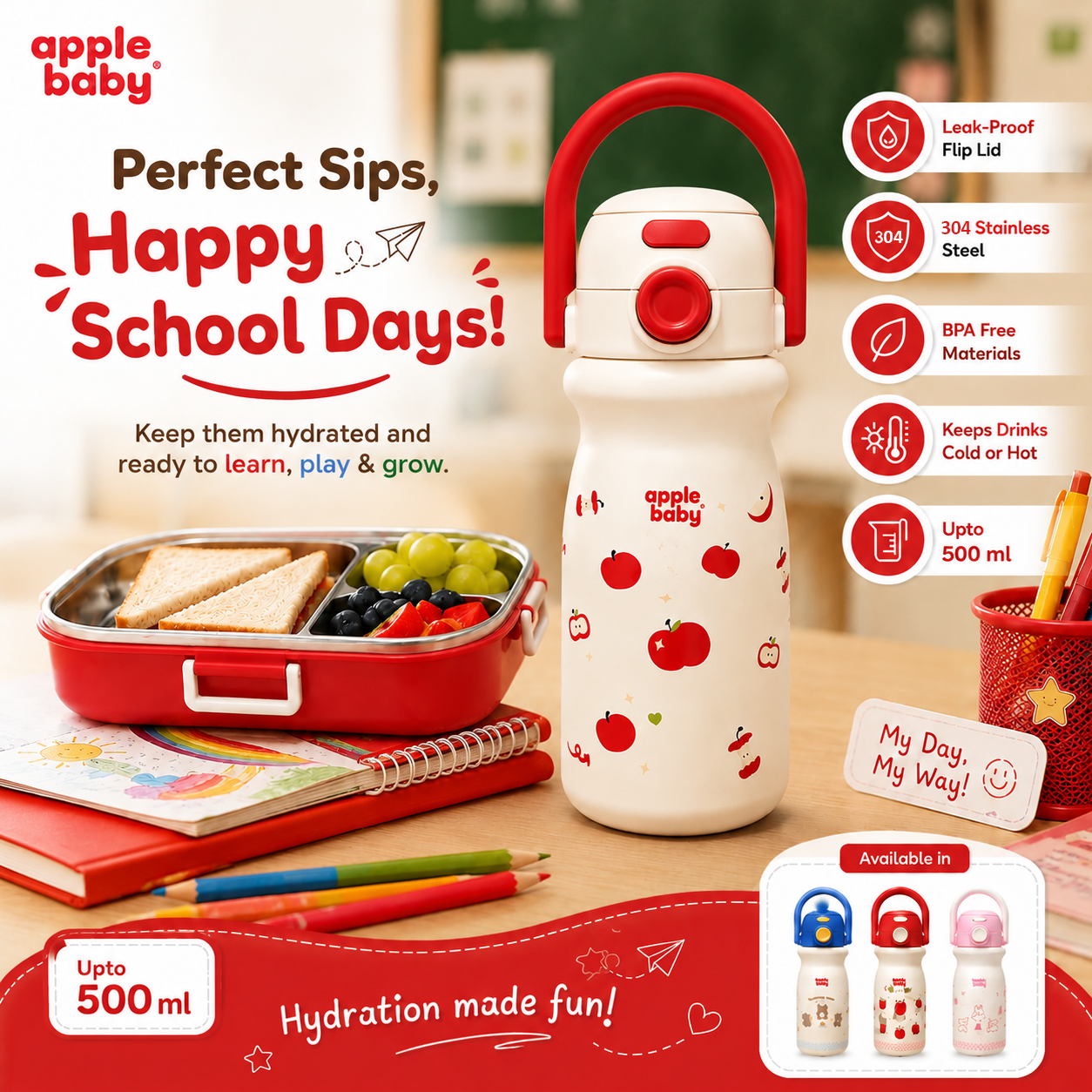 Apple Baby 2-in-1 Stainless Steel Sipper Bottle 500ml with Straw & Flip-Top Lid | Leak-Proof BPA-Free Sippy for Toddlers & Kids | 304 Stainless Steel, One-Touch Open, Carry Handle AC493