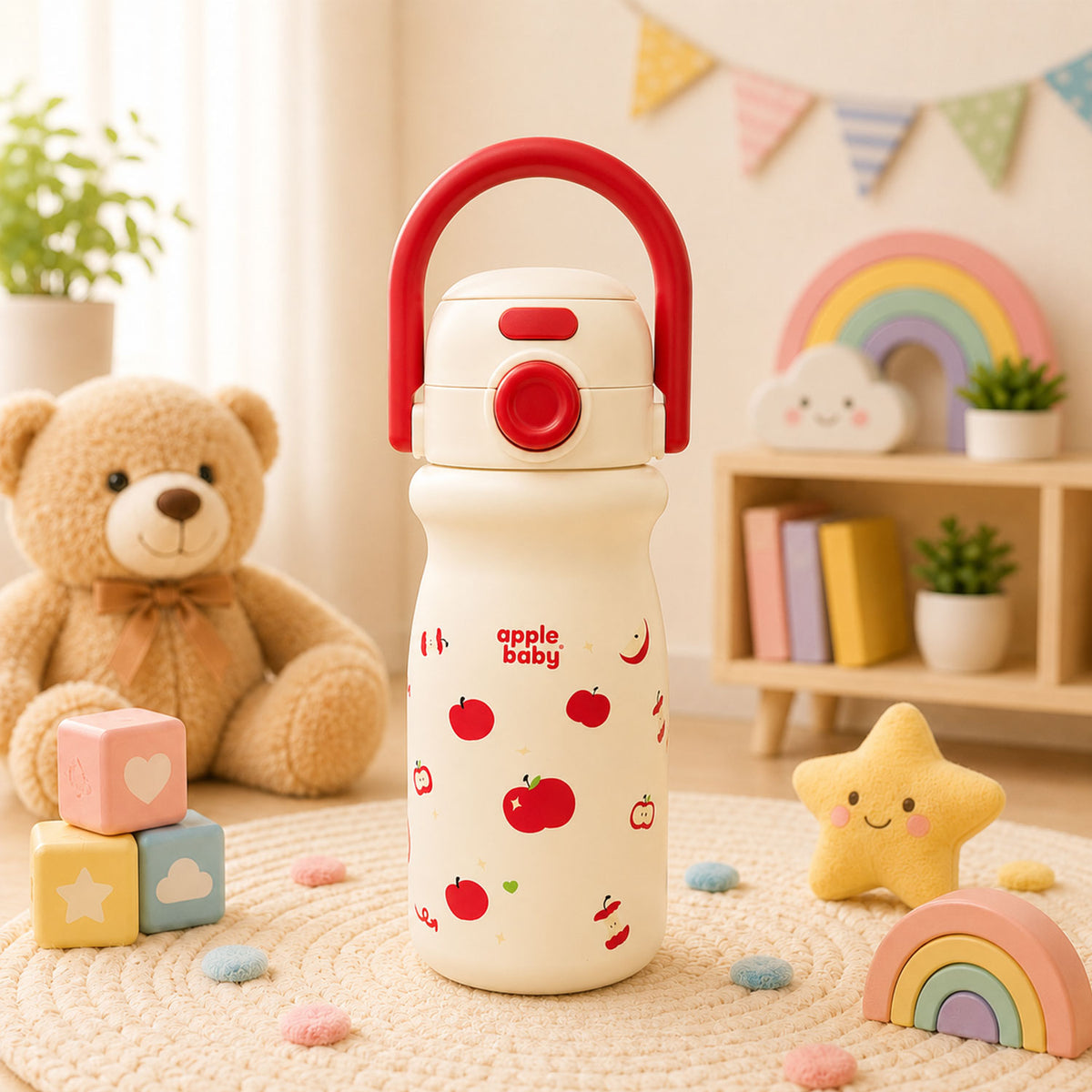 Apple Baby 2-in-1 Stainless Steel Sipper Bottle 500ml with Straw & Flip-Top Lid | Leak-Proof BPA-Free Sippy for Toddlers & Kids | 304 Stainless Steel, One-Touch Open, Carry Handle AC493