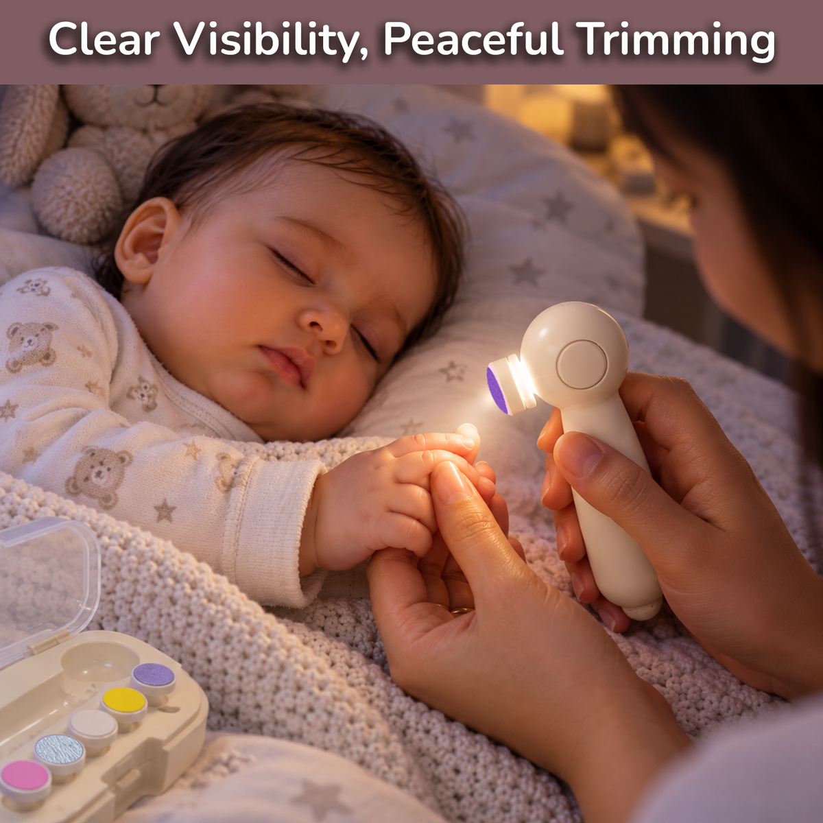 Apple Baby Trimsy Baby Nail Trimmer, Electric Nail Filer with 2 Speed Settings, Built-In Light, USB Rechargeable with Baby Nail Clipper Attachment AC494