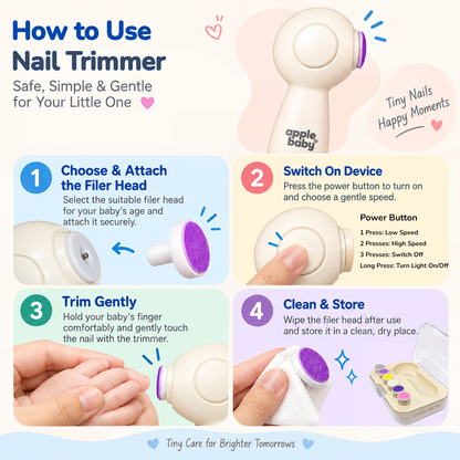 Apple Baby Trimsy Baby Nail Trimmer, Electric Nail Filer with 2 Speed Settings, Built-In Light, USB Rechargeable with Baby Nail Clipper Attachment AC494