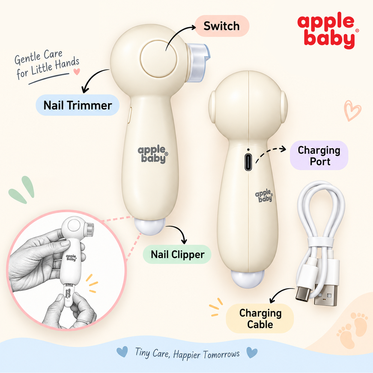 Apple Baby Trimsy Baby Nail Trimmer, Electric Nail Filer with 2 Speed Settings, Built-In Light, USB Rechargeable with Baby Nail Clipper Attachment AC494