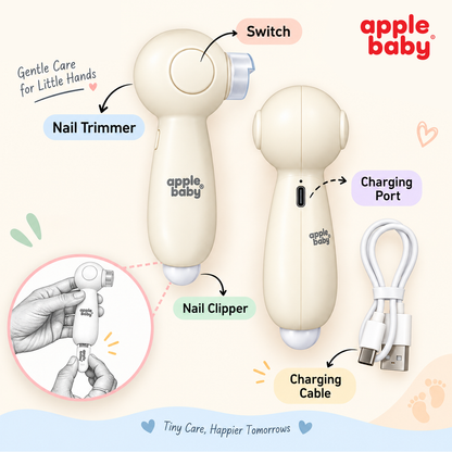 Apple Baby Trimsy Baby Nail Trimmer, Electric Nail Filer with 2 Speed Settings, Built-In Light, USB Rechargeable with Baby Nail Clipper Attachment AC494