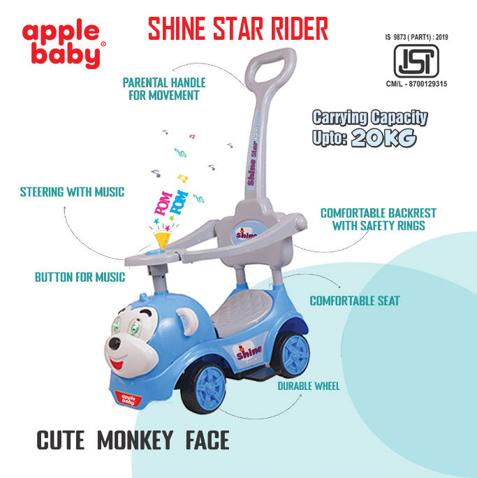 Apple Baby Shine Star 3-in-1 Ride-On Push Car | with Parent Handle & Safety Guardrail | Toddler Stroller Toy AR139