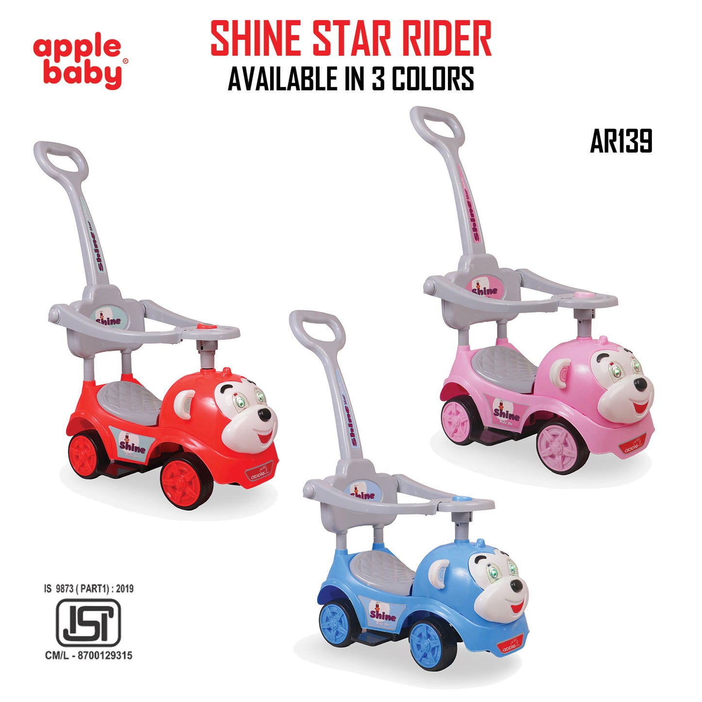 Apple Baby Shine Star 3-in-1 Ride-On Push Car | with Parent Handle & Safety Guardrail | Toddler Stroller Toy AR139