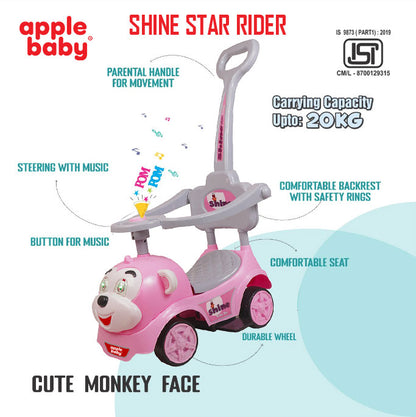 Apple Baby Shine Star 3-in-1 Ride-On Push Car | with Parent Handle & Safety Guardrail | Toddler Stroller Toy AR139