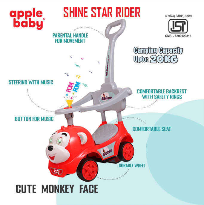 Apple Baby Shine Star 3-in-1 Ride-On Push Car | with Parent Handle & Safety Guardrail | Toddler Stroller Toy AR139