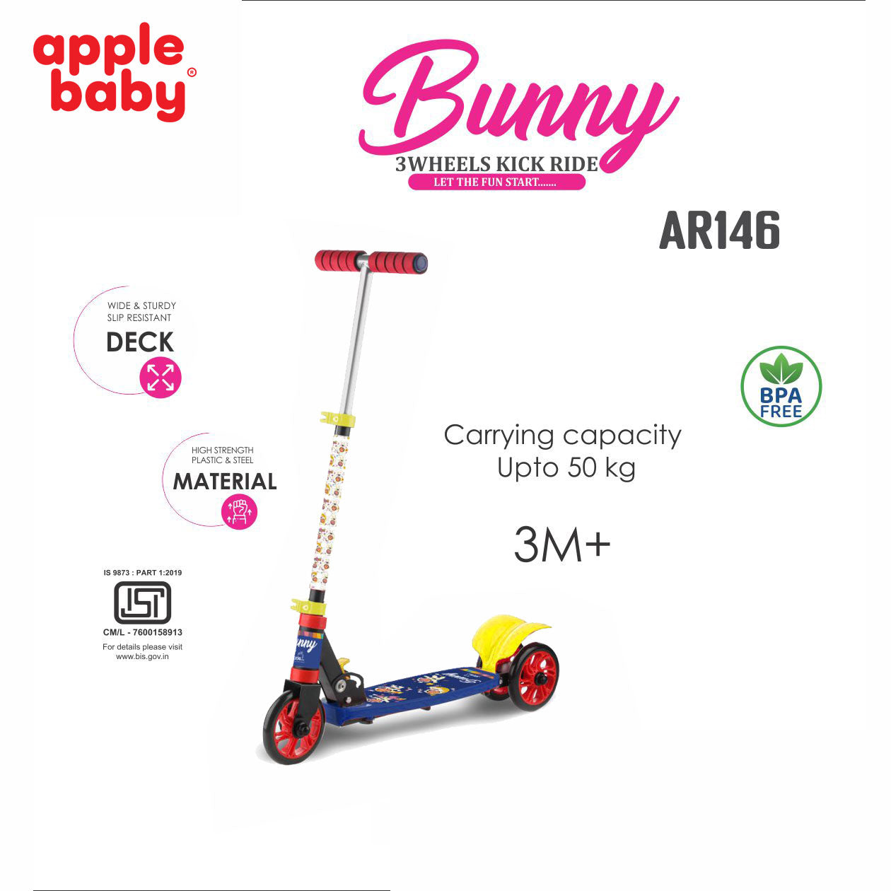 AR146 Bunny 3 Wheels Kick Ride Kids Scooter