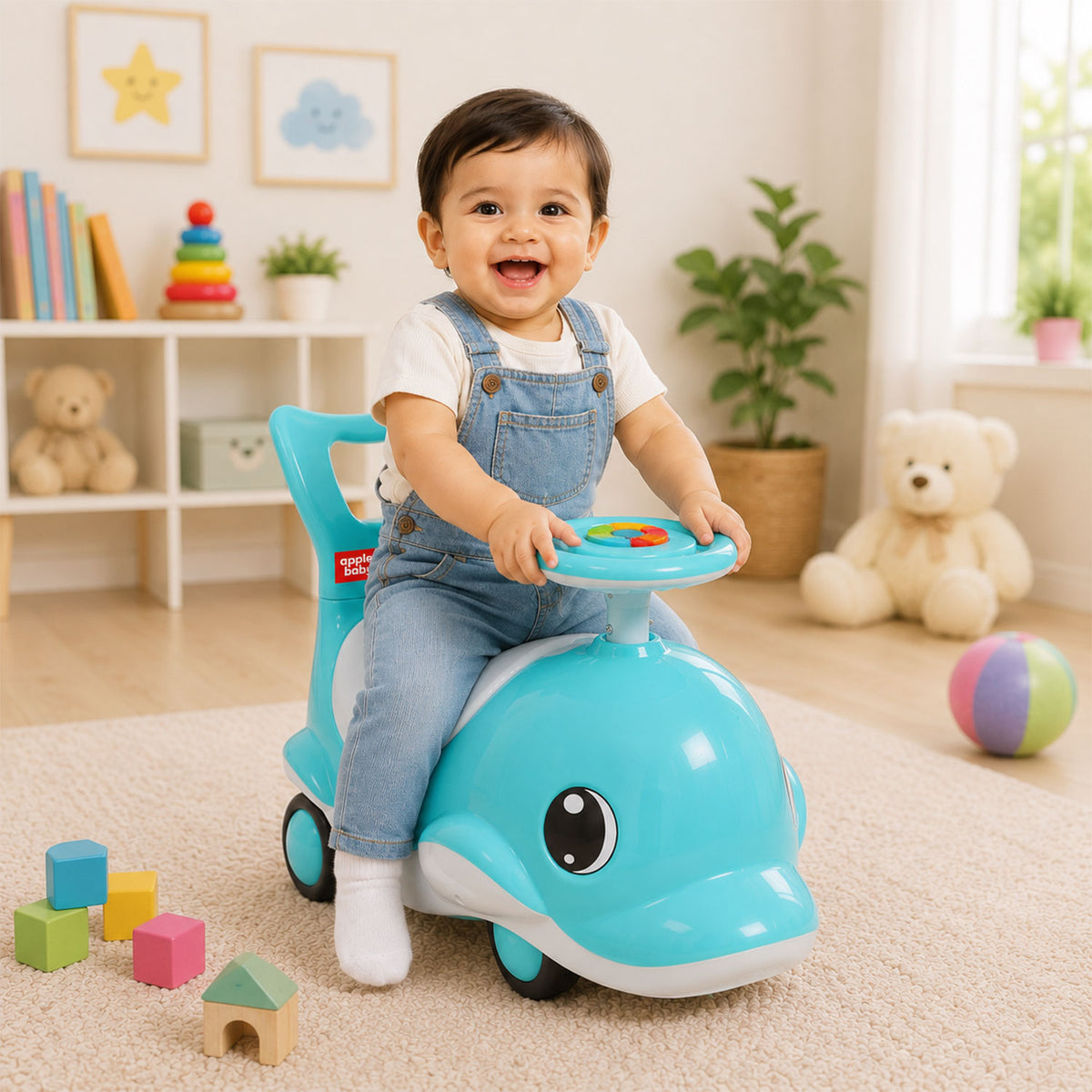 Apple Baby Shark Ride-on Car for Kids 1+ Years | 4-Wheel Balanced Rider | 20 Kg Weight Capacity | Steering Wheel with Music | Safe Indoor & Outdoor Push & Ride Toy for Boys & Girls AR151