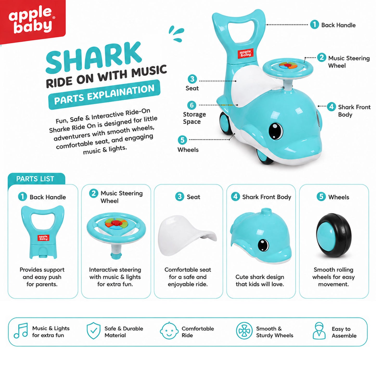 Apple Baby Shark Ride-on Car for Kids 1+ Years | 4-Wheel Balanced Rider | 20 Kg Weight Capacity | Steering Wheel with Music | Safe Indoor & Outdoor Push & Ride Toy for Boys & Girls AR151