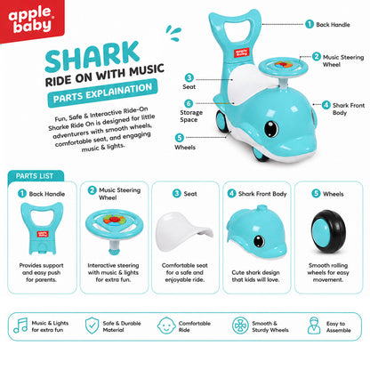 Apple Baby Shark Ride-on Car for Kids 1+ Years | 4-Wheel Balanced Rider | 20 Kg Weight Capacity | Steering Wheel with Music | Safe Indoor & Outdoor Push & Ride Toy for Boys & Girls AR151