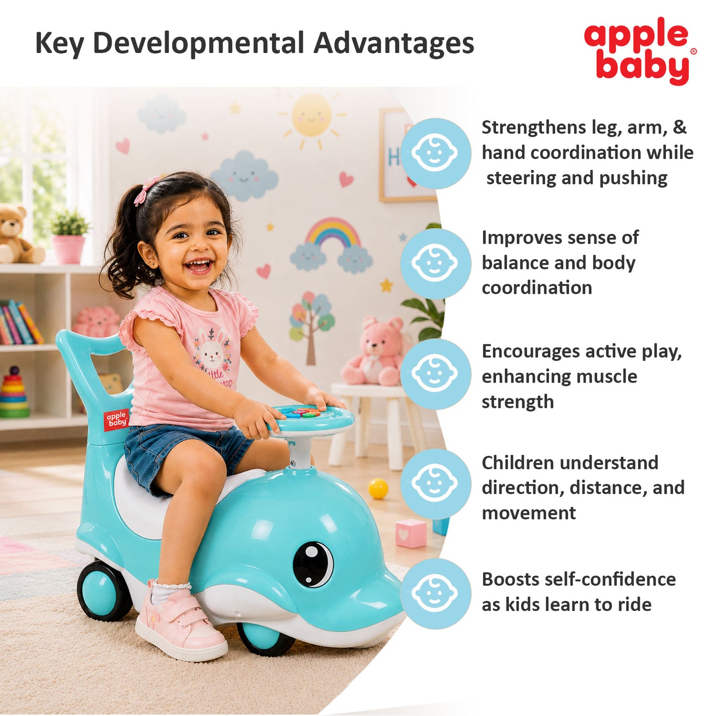 Apple Baby Shark Ride-on Car for Kids 1+ Years | 4-Wheel Balanced Rider | 20 Kg Weight Capacity | Steering Wheel with Music | Safe Indoor & Outdoor Push & Ride Toy for Boys & Girls AR151