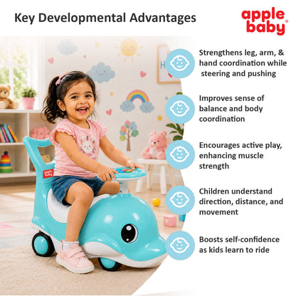 Apple Baby Shark Ride-on Car for Kids 1+ Years | 4-Wheel Balanced Rider | 20 Kg Weight Capacity | Steering Wheel with Music | Safe Indoor & Outdoor Push & Ride Toy for Boys & Girls AR151
