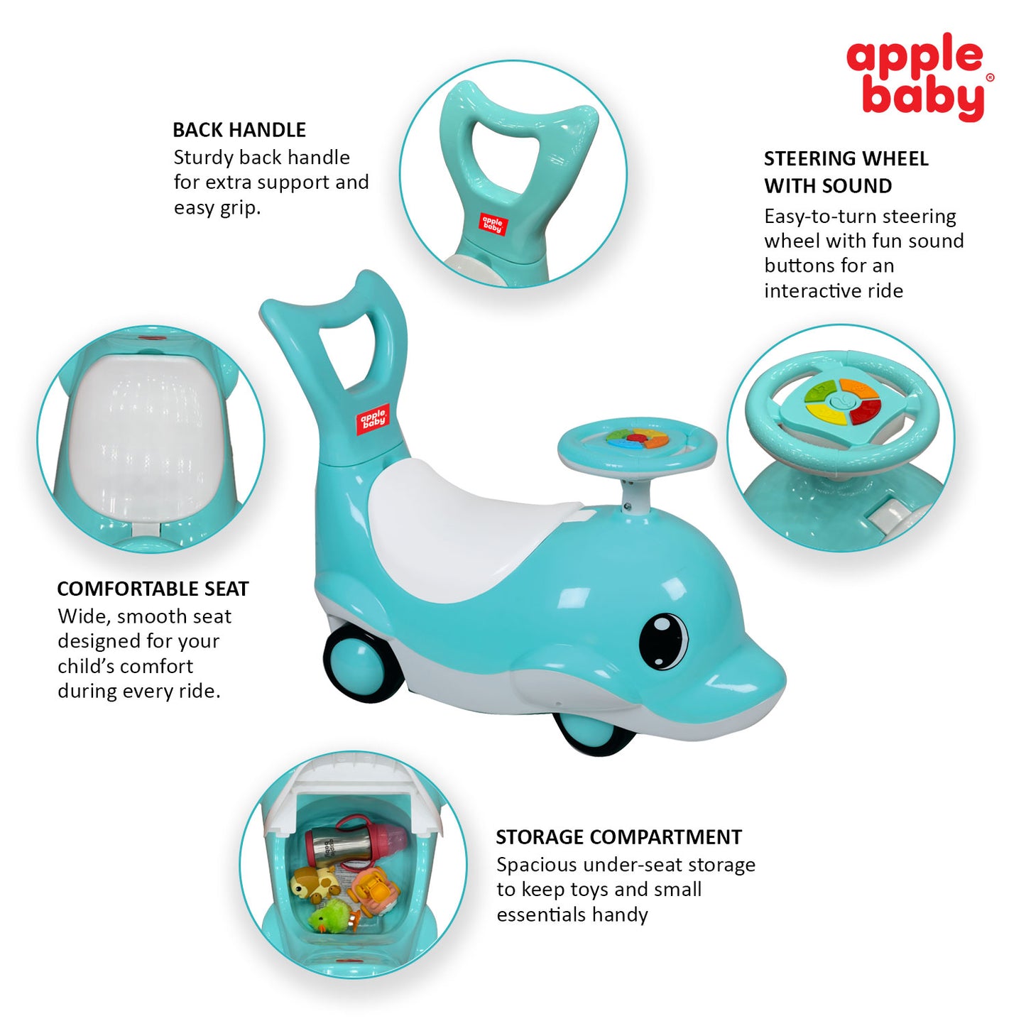 Apple Baby Shark Ride-on Car for Kids 1+ Years | 4-Wheel Balanced Rider | 20 Kg Weight Capacity | Steering Wheel with Music | Safe Indoor & Outdoor Push & Ride Toy for Boys & Girls AR151