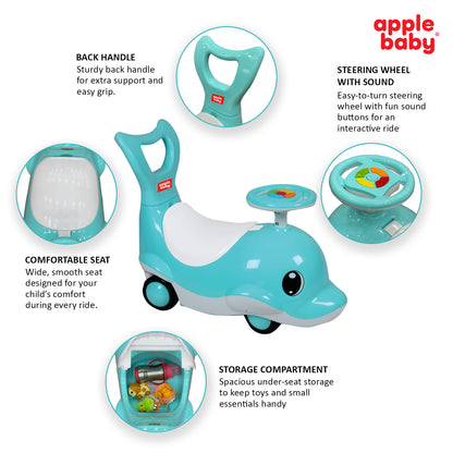 Apple Baby Shark Ride-on Car for Kids 1+ Years | 4-Wheel Balanced Rider | 20 Kg Weight Capacity | Steering Wheel with Music | Safe Indoor & Outdoor Push & Ride Toy for Boys & Girls AR151