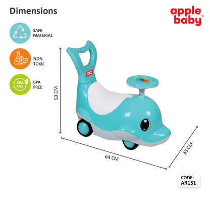 Apple Baby Shark Ride-on Car for Kids 1+ Years | 4-Wheel Balanced Rider | 20 Kg Weight Capacity | Steering Wheel with Music | Safe Indoor & Outdoor Push & Ride Toy for Boys & Girls AR151