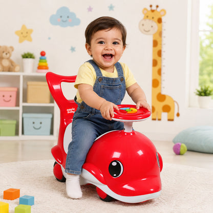 Apple Baby Shark Ride-on Car for Kids 1+ Years | 4-Wheel Balanced Rider | 20 Kg Weight Capacity | Steering Wheel with Music | Safe Indoor & Outdoor Push & Ride Toy for Boys & Girls AR151
