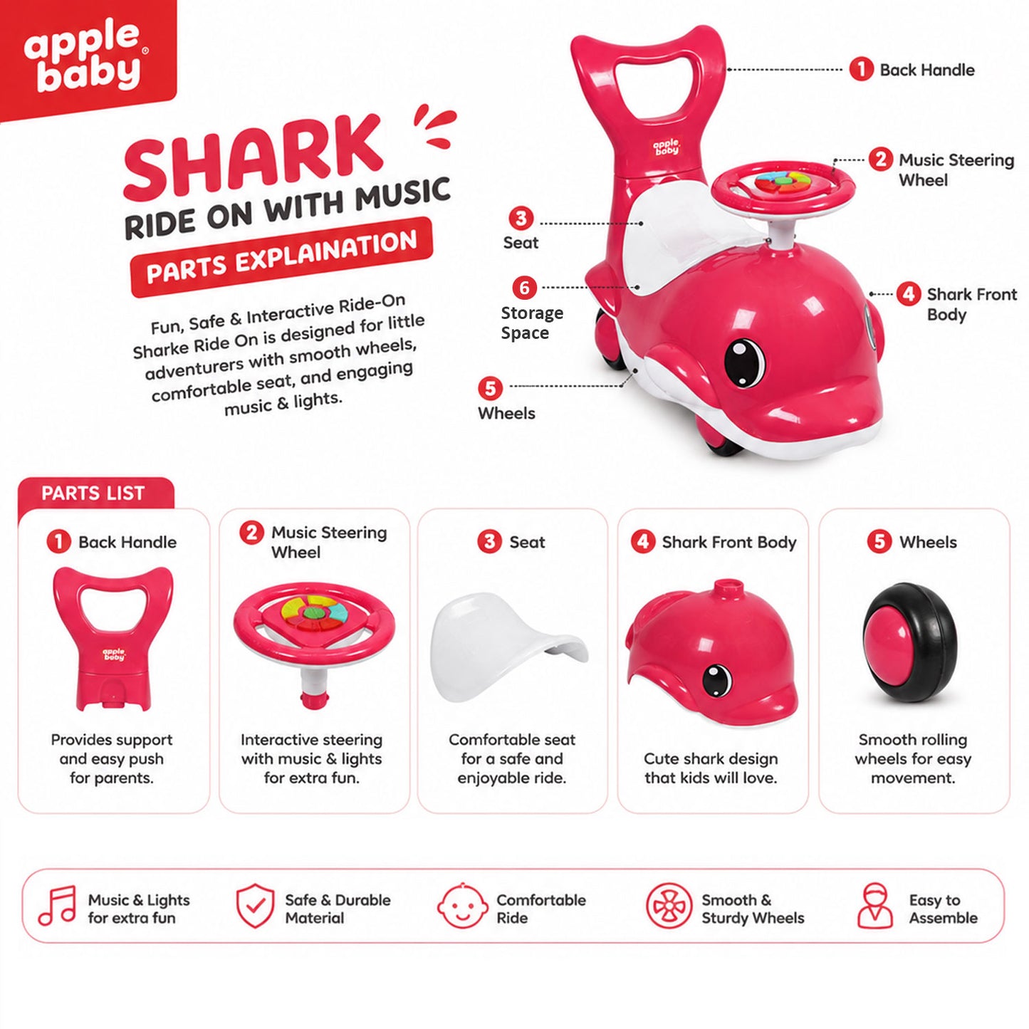 Apple Baby Shark Ride-on Car for Kids 1+ Years | 4-Wheel Balanced Rider | 20 Kg Weight Capacity | Steering Wheel with Music | Safe Indoor & Outdoor Push & Ride Toy for Boys & Girls AR151