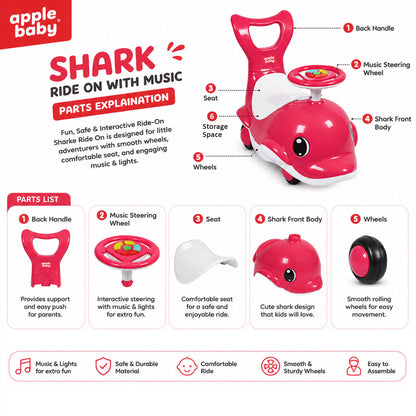 Apple Baby Shark Ride-on Car for Kids 1+ Years | 4-Wheel Balanced Rider | 20 Kg Weight Capacity | Steering Wheel with Music | Safe Indoor & Outdoor Push & Ride Toy for Boys & Girls AR151