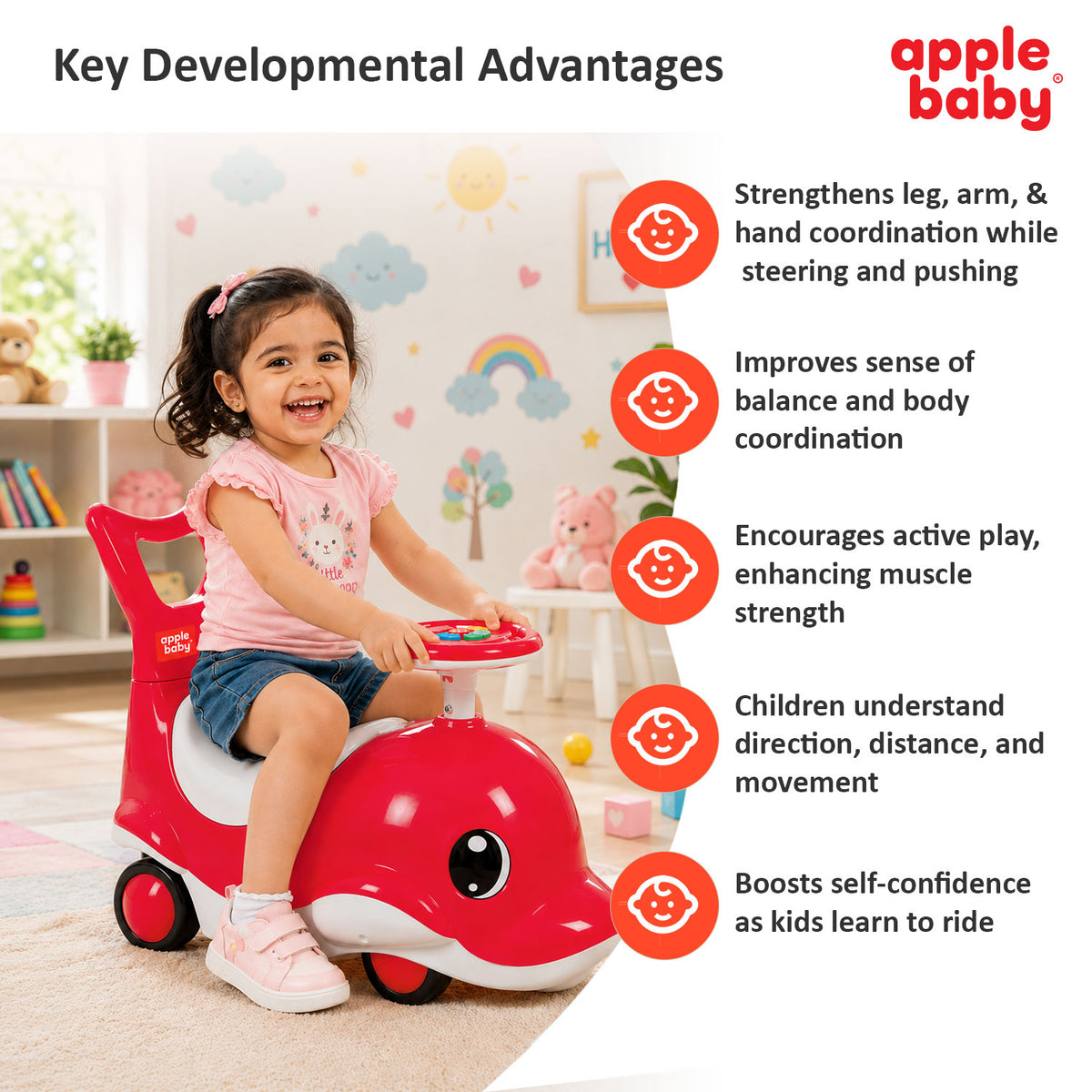 Apple Baby Shark Ride-on Car for Kids 1+ Years | 4-Wheel Balanced Rider | 20 Kg Weight Capacity | Steering Wheel with Music | Safe Indoor & Outdoor Push & Ride Toy for Boys & Girls AR151