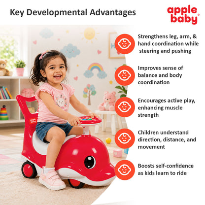 Apple Baby Shark Ride-on Car for Kids 1+ Years | 4-Wheel Balanced Rider | 20 Kg Weight Capacity | Steering Wheel with Music | Safe Indoor & Outdoor Push & Ride Toy for Boys & Girls AR151