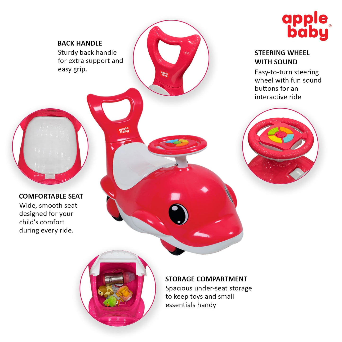 Apple Baby Shark Ride-on Car for Kids 1+ Years | 4-Wheel Balanced Rider | 20 Kg Weight Capacity | Steering Wheel with Music | Safe Indoor & Outdoor Push & Ride Toy for Boys & Girls AR151