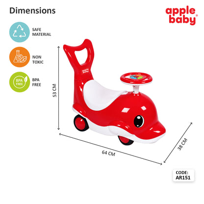 Apple Baby Shark Ride-on Car for Kids 1+ Years | 4-Wheel Balanced Rider | 20 Kg Weight Capacity | Steering Wheel with Music | Safe Indoor & Outdoor Push & Ride Toy for Boys & Girls AR151