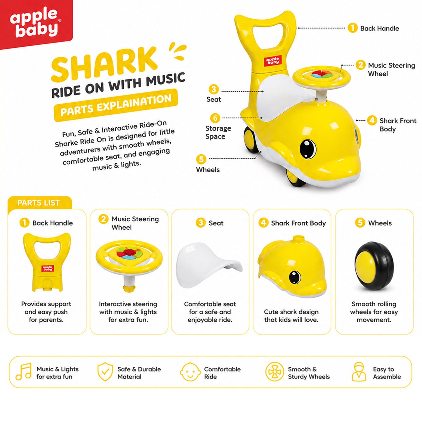 Apple Baby Shark Ride-on Car for Kids 1+ Years | 4-Wheel Balanced Rider | 20 Kg Weight Capacity | Steering Wheel with Music | Safe Indoor & Outdoor Push & Ride Toy for Boys & Girls AR151